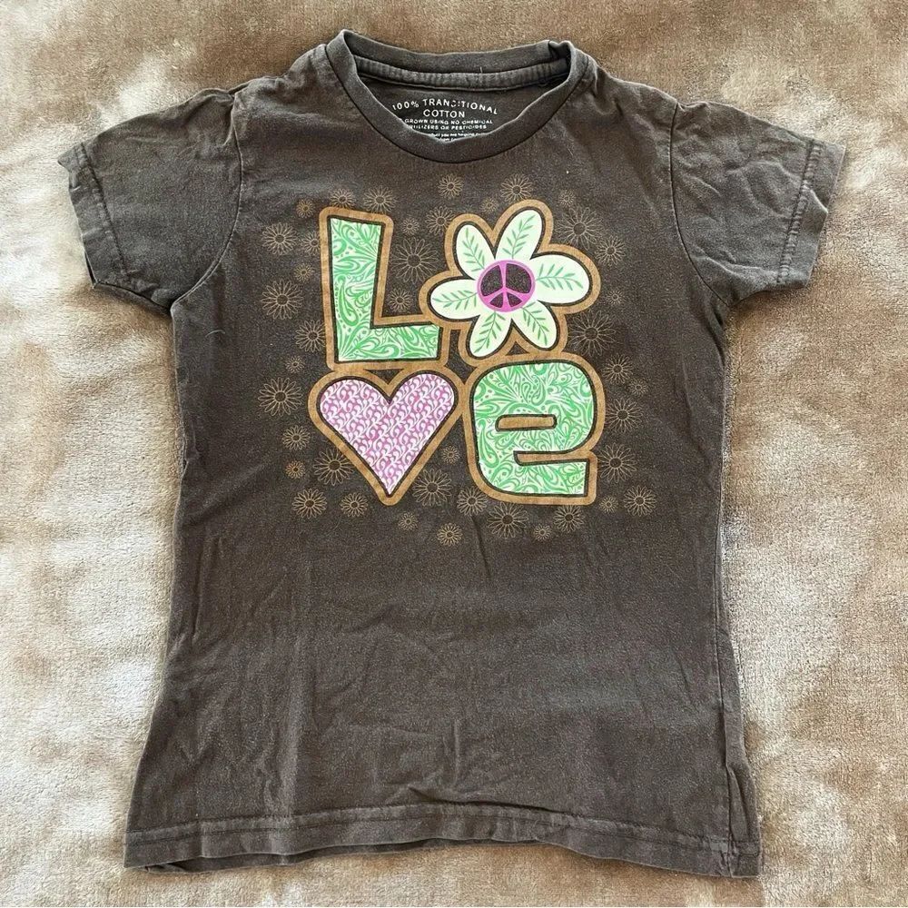 Faded Glory Girls Love Peace Graphic Tee - Brown Floral Transitional Size 7/8